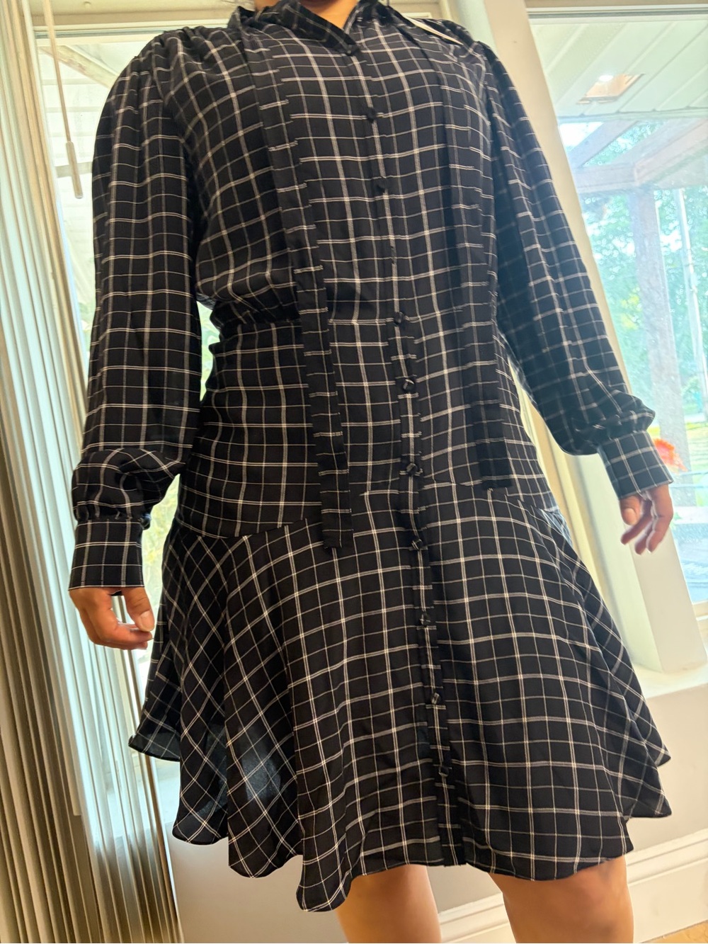 Rebecca Tylor Black Windowpane Long-Sleeve dress  formal dress 100% silk